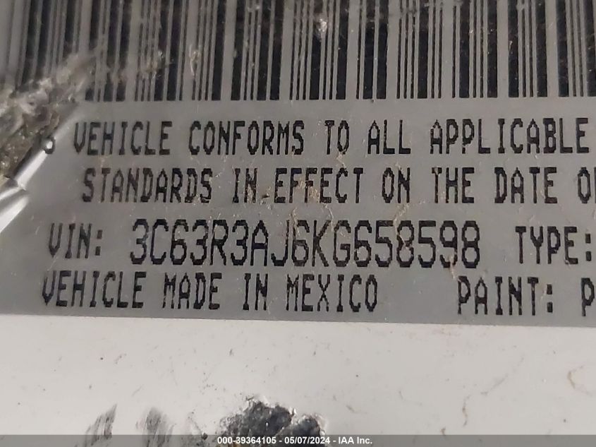2019 Ram 3500 Tradesman Regular Cab 4X4 8' Box VIN: 3C63R3AJ6KG658598 Lot: 39364105