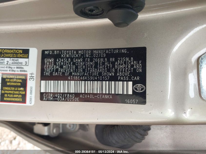 2009 Toyota Camry Le VIN: 4T1BE46K59U410157 Lot: 39364181