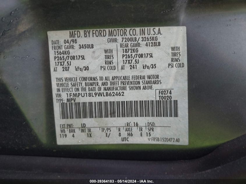 1998 Ford Expedition Eddie Bauer/Xlt VIN: 1FMPU18L9WLB62462 Lot: 39364183