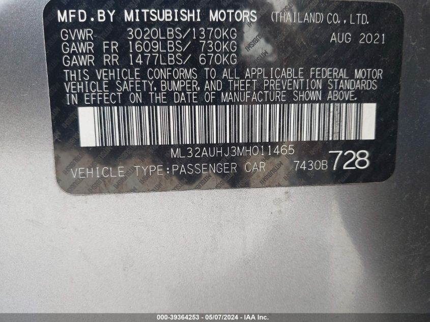 2021 Mitsubishi Mirage Carbonite Edition/Es/Le VIN: ML32AUHJ3MH011465 Lot: 39364253