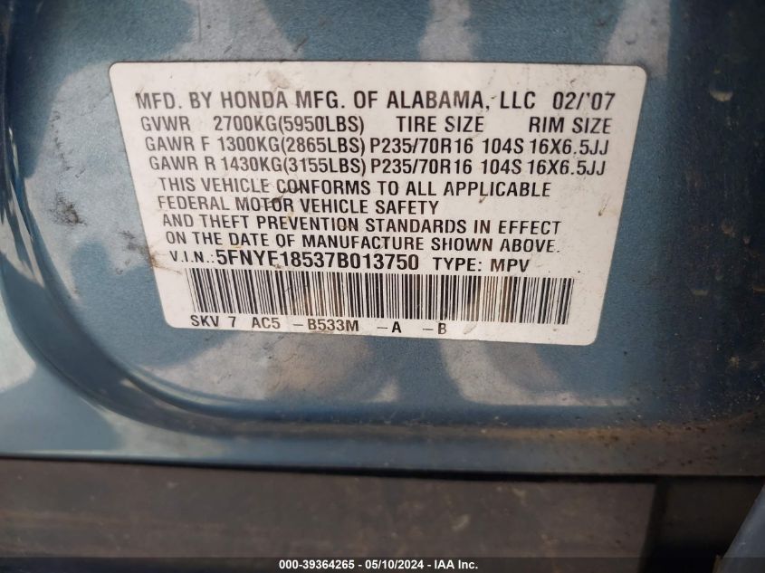 2007 Honda Pilot Ex-L VIN: 5FNYF18537B013750 Lot: 39364265