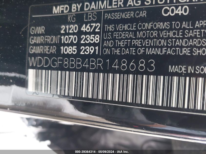 2011 Mercedes-Benz C 300 Luxury 4Matic/Sport 4Matic VIN: WDDGF8BB4BR148683 Lot: 39364314