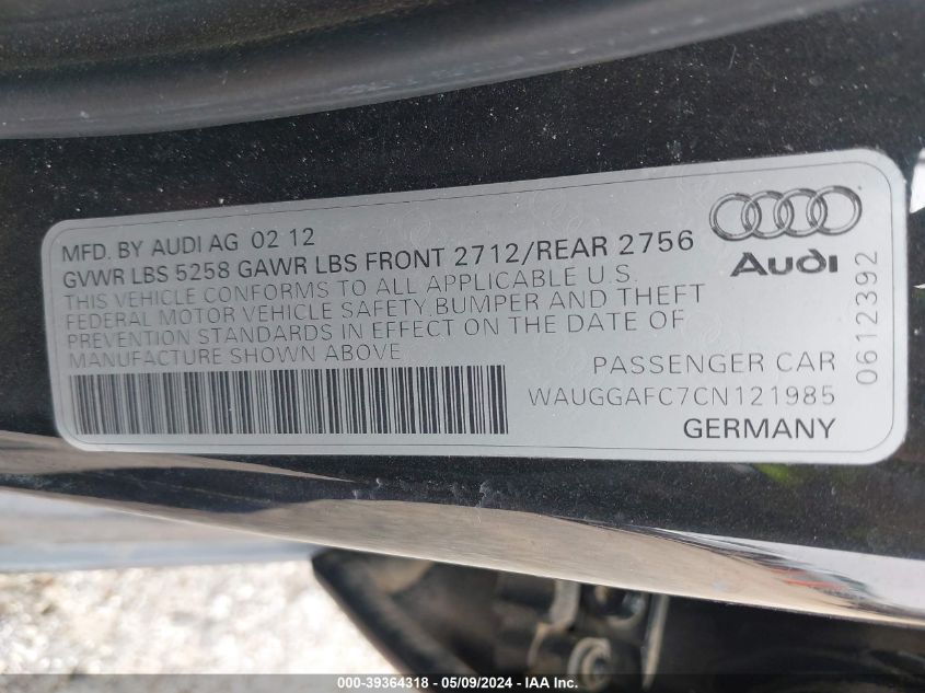 2012 Audi A6 3.0 Premium VIN: WAUGGAFC7CN121985 Lot: 39364318