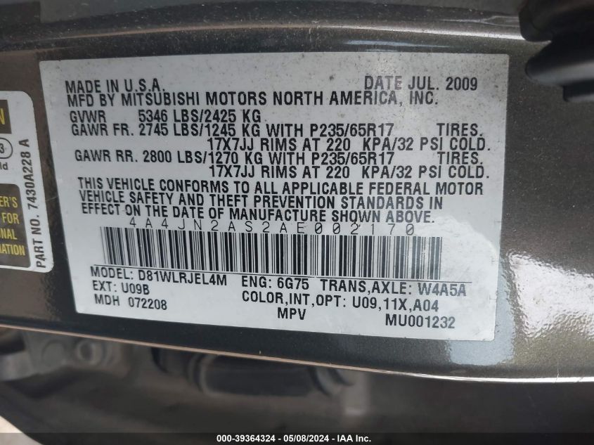 2010 Mitsubishi Endeavor Se VIN: 4A4JN2AS2AE002170 Lot: 39364324