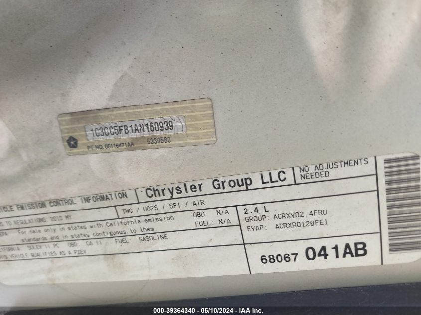 2010 Chrysler Sebring Limited VIN: 1C3CC5FB1AN160939 Lot: 39364340