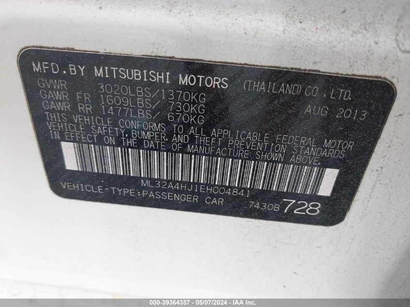 2014 Mitsubishi Mirage Es VIN: ML32A4HJ1EH004841 Lot: 39364357