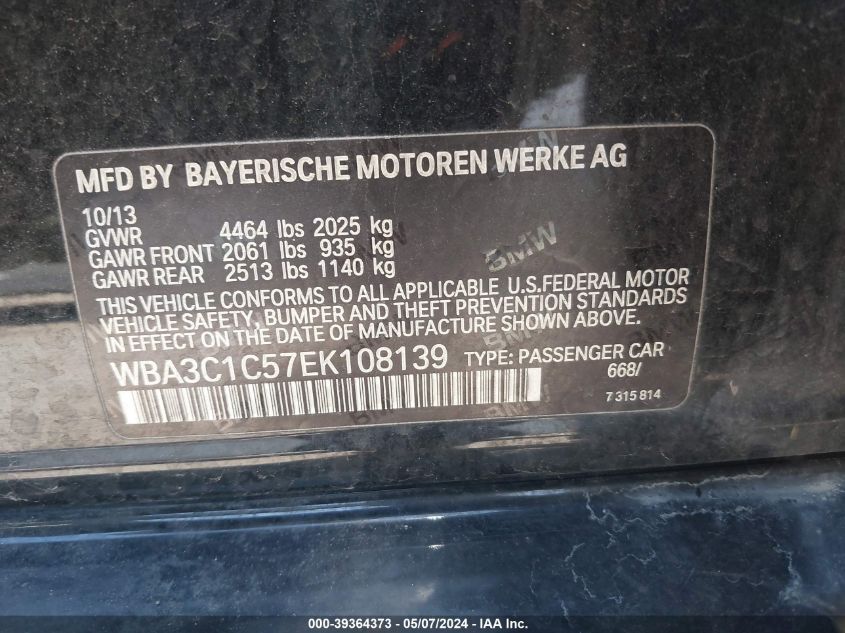 2014 BMW 328I VIN: WBA3C1C57EK108139 Lot: 39364373