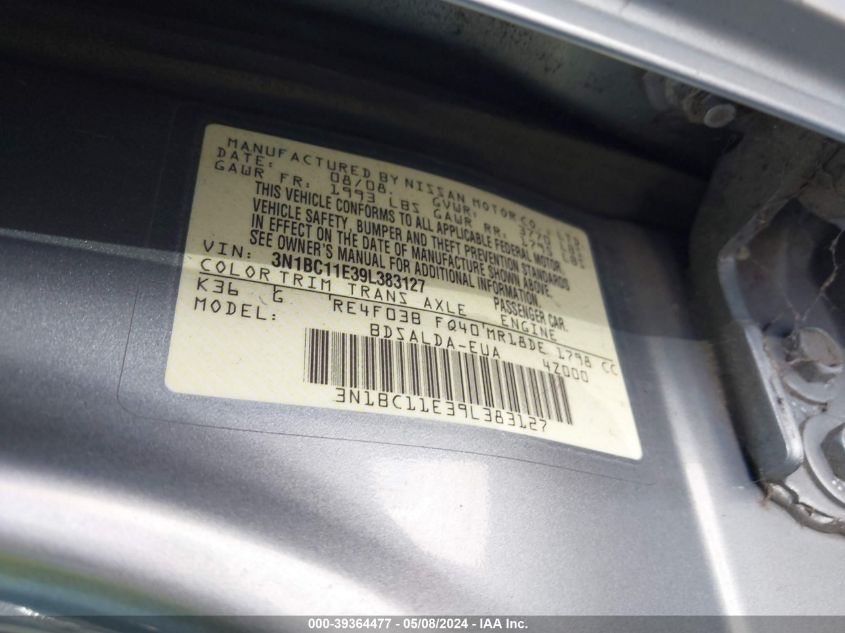 2009 Nissan Versa 1.8S VIN: 3N1BC11E39L383127 Lot: 39364477