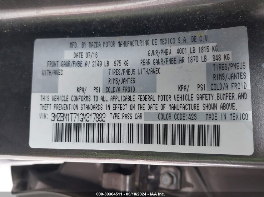 2016 Mazda Mazda3 I Sport VIN: 3MZBM1T71GM317883 Lot: 39364511