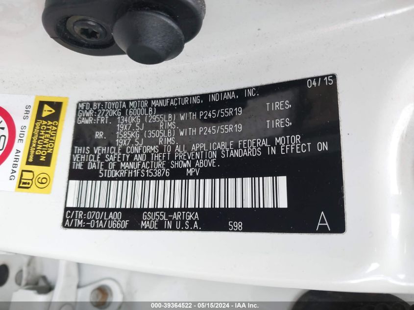 2015 Toyota Highlander Limited Platinum V6 VIN: 5TDDKRFH1FS153876 Lot: 39364522