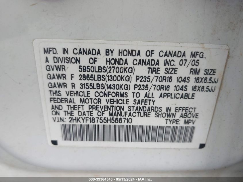 2005 Honda Pilot Ex-L VIN: 2HKYF18755H566710 Lot: 39364543