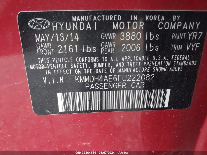 2015 Hyundai Elantra Se VIN: KMHDH4AE6FU222082 Lot: 39364554