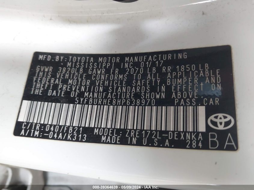 2017 Toyota Corolla Le VIN: 5YFBURHE8HP638970 Lot: 39364639
