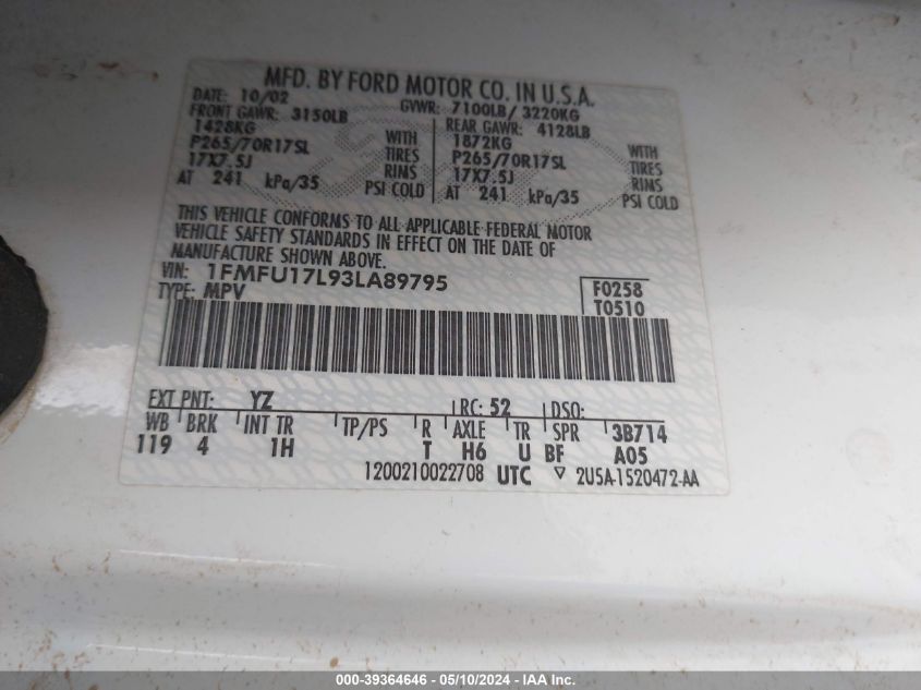 2003 Ford Expedition Eddie Bauer VIN: 1FMFU17L93LA89795 Lot: 39364646