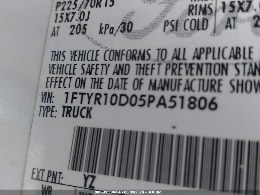 2005 Ford Ranger Xl/Xls/Xlt VIN: 1FTYR10D05PA51806 Lot: 39364654