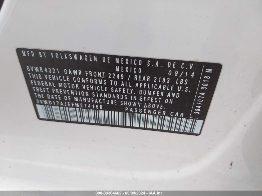 2015 Volkswagen Jetta 1.8T Se VIN: 3VWD17AJ5FM214158 Lot: 39364662