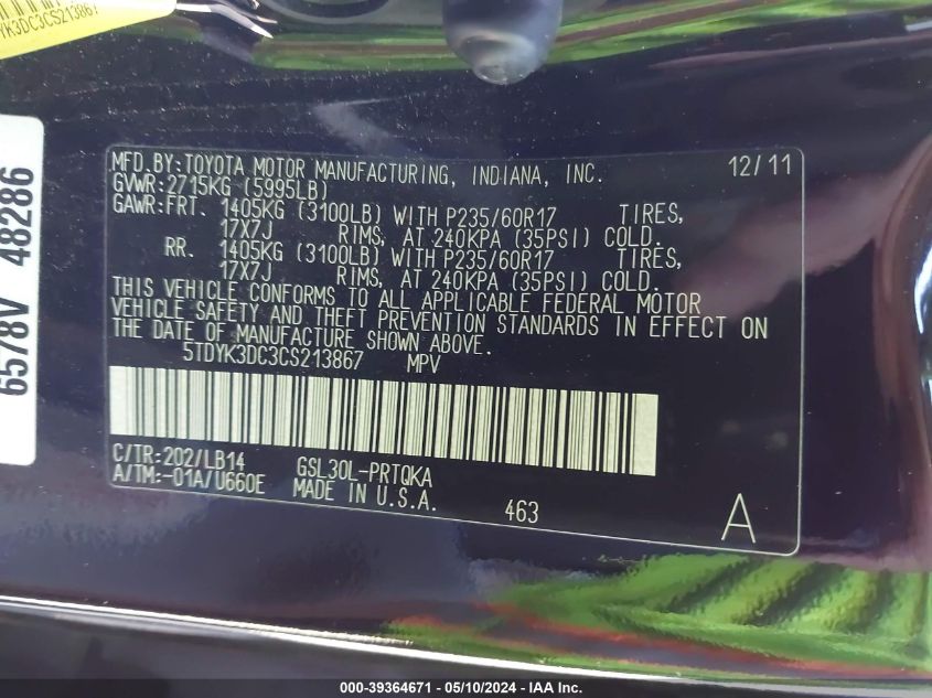 2012 Toyota Sienna Xle V6 8 Passenger VIN: 5TDYK3DC3CS213867 Lot: 39364671