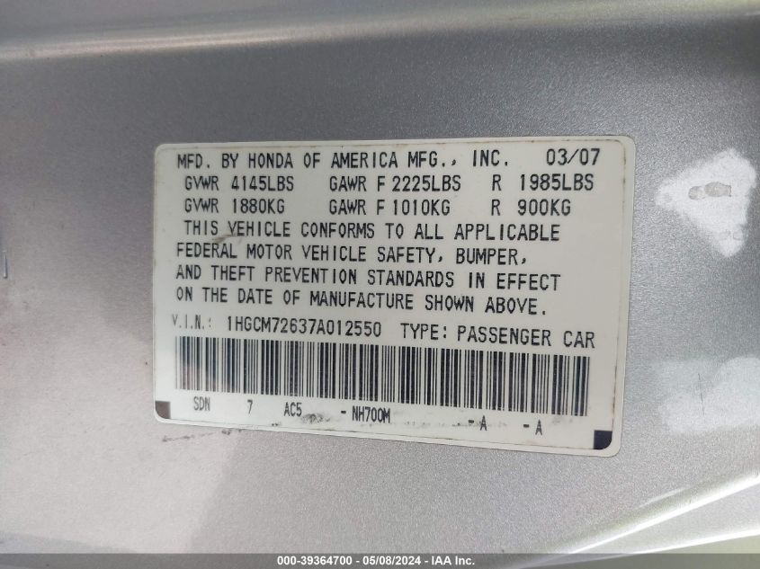 2007 Honda Accord 2.4 Ex VIN: 1HGCM72637A012550 Lot: 39364700