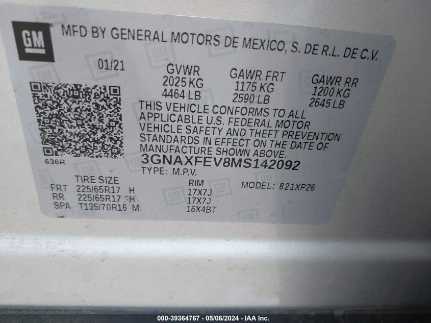 2021 Chevrolet Equinox Fwd 1Fl VIN: 3GNAXFEV8MS142092 Lot: 39364767