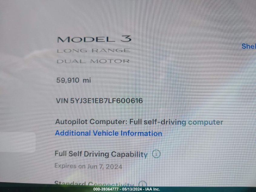 2020 Tesla Model 3 Long Range Dual Motor All-Wheel Drive VIN: 5YJ3E1EB7LF600616 Lot: 39364777