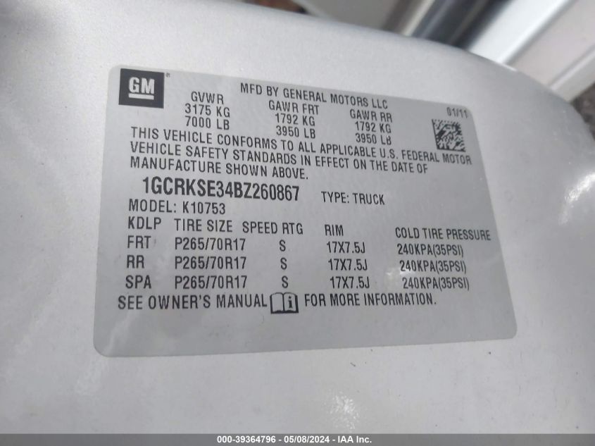 2011 Chevrolet Silverado 1500 Lt VIN: 1GCRKSE34BZ260867 Lot: 39364796