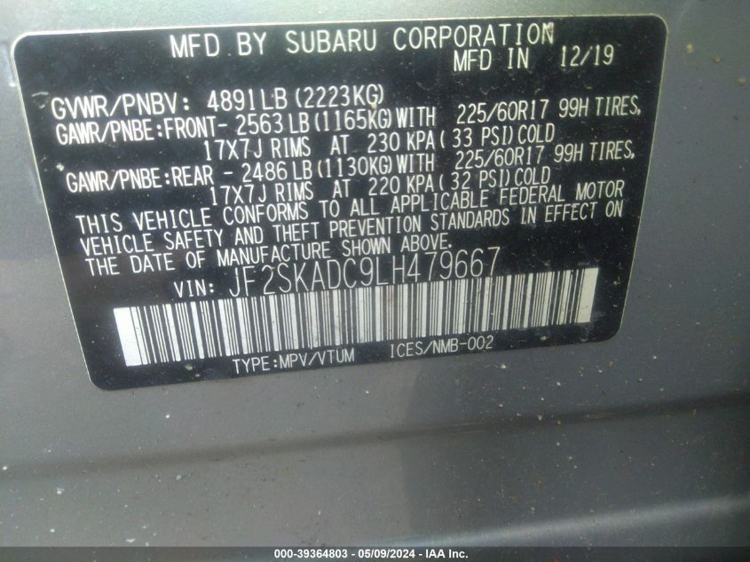 2020 Subaru Forester VIN: JF2SKADC9LH479667 Lot: 39364803