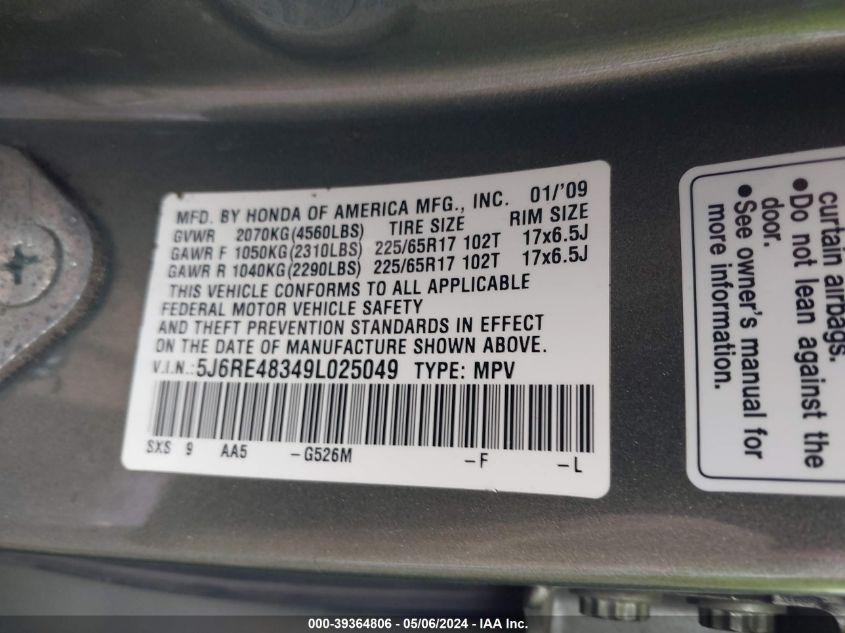 2009 Honda Cr-V Lx VIN: 5J6RE48349L025049 Lot: 39364806