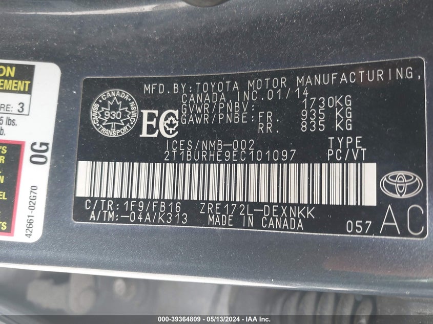 2014 TOYOTA COROLLA LE - 2T1BURHE9EC101097