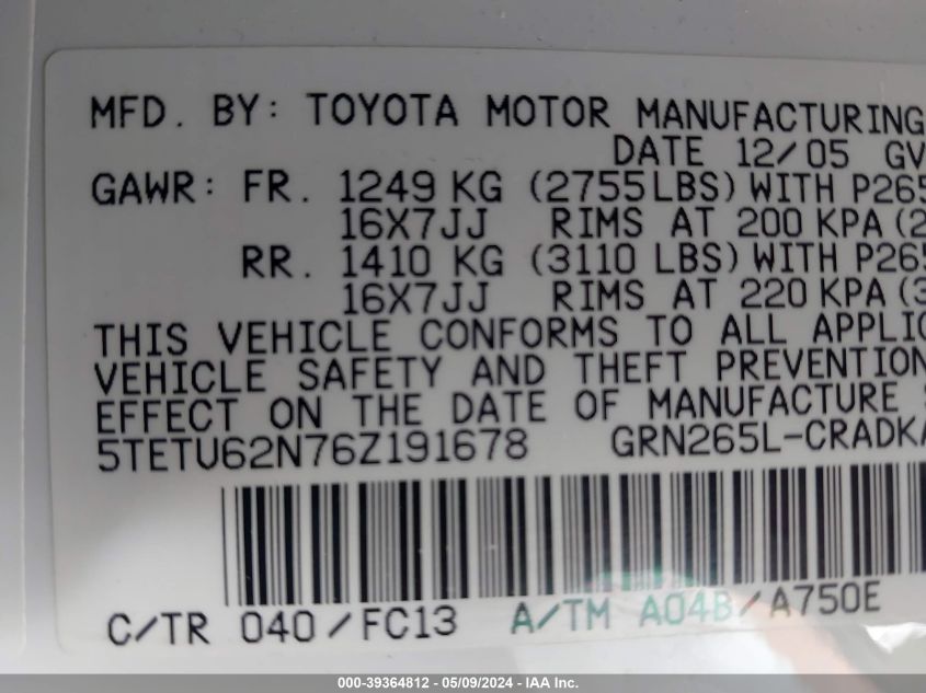 2006 Toyota Tacoma Prerunner V6 VIN: 5TETU62N76Z191678 Lot: 39364812