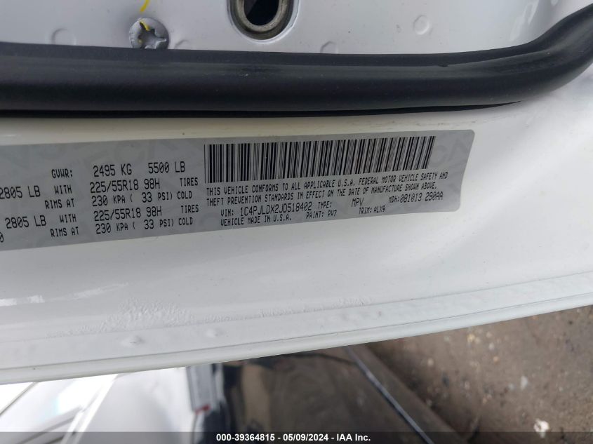 2018 Jeep Cherokee Limited Fwd VIN: 1C4PJLDX2JD518402 Lot: 39364815