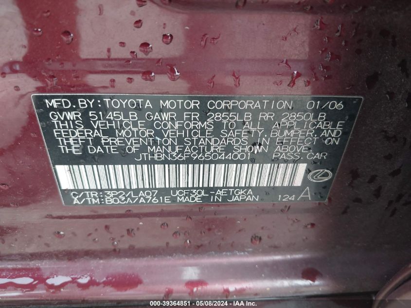 2006 Lexus Ls 430 VIN: JTHBN36F965044001 Lot: 39364851