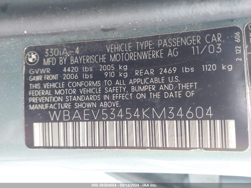 2004 BMW 330I VIN: WBAEV53454KM34604 Lot: 39364854