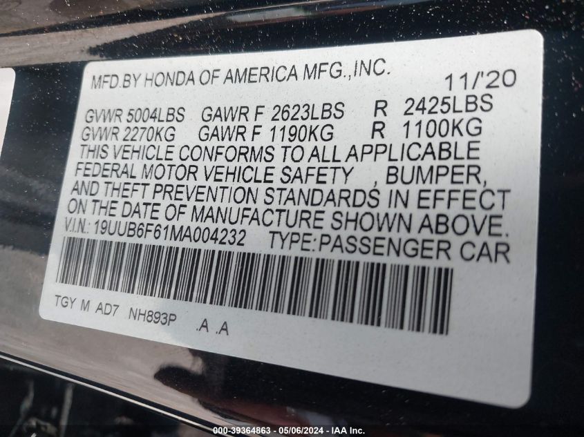 2021 Acura Tlx Advance Package VIN: 19UUB6F61MA004232 Lot: 39364863