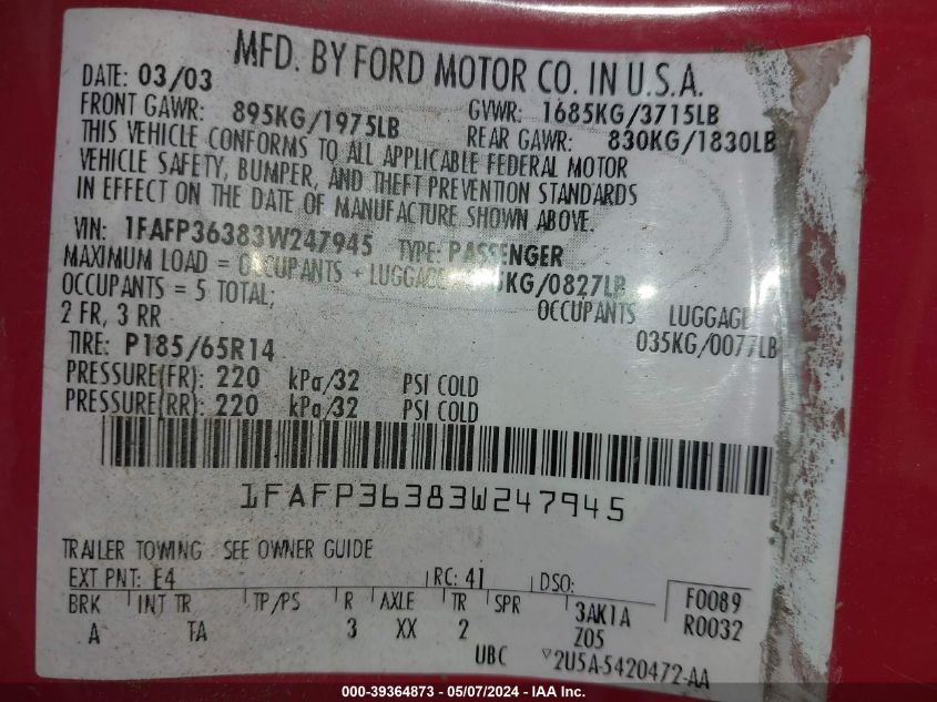 2003 Ford Focus Se/Ztw VIN: 1FAFP36383W247945 Lot: 39364873