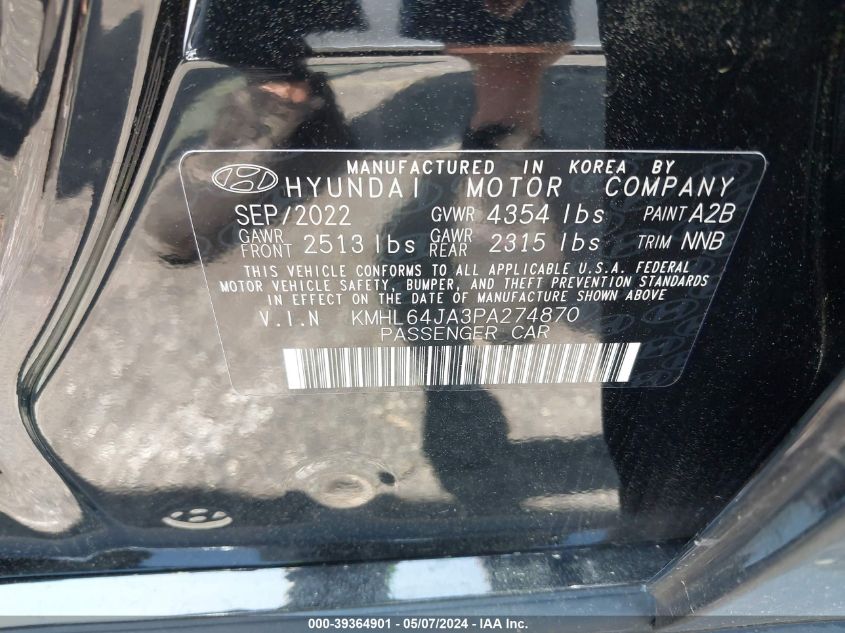 2023 Hyundai Sonata Sel VIN: KMHL64JA3PA274870 Lot: 39364901