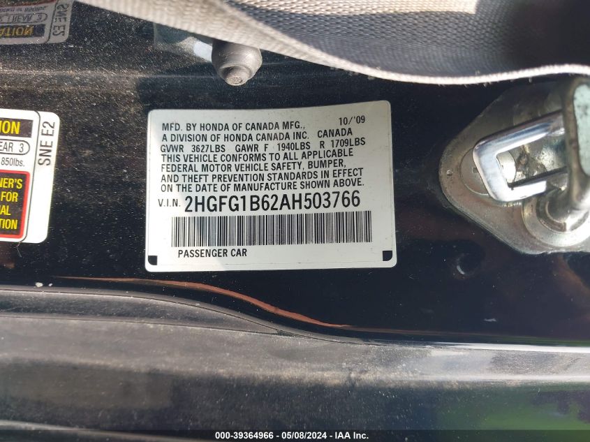 2010 Honda Civic Lx VIN: 2HGFG1B62AH503766 Lot: 39364966