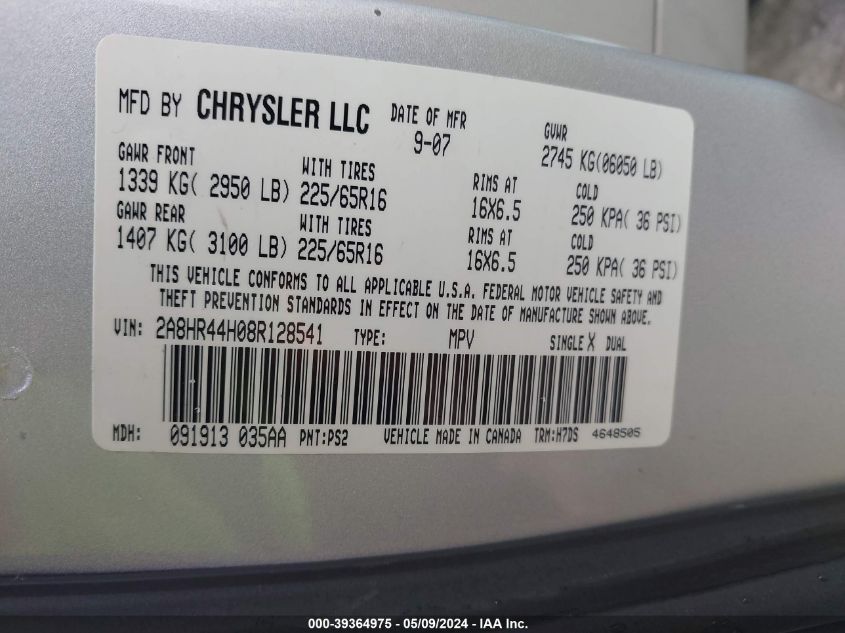 2008 Chrysler Town & Country Lx VIN: 2A8HR44H08R128541 Lot: 39364975