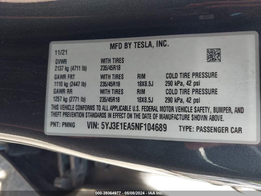 2022 TESLA MODEL 3 REAR-WHEEL DRIVE - 5YJ3E1EA5NF104689