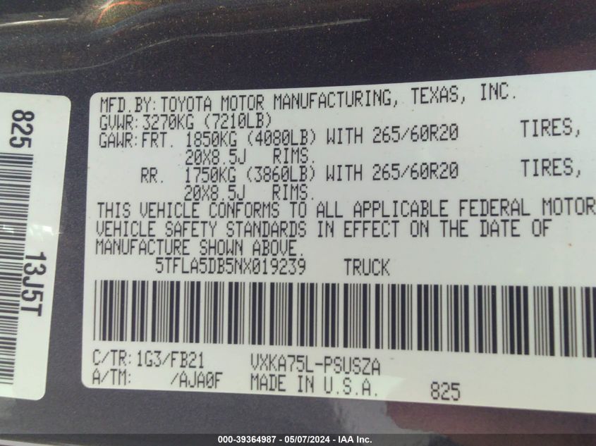 2022 Toyota Tundra Sr5 VIN: 5TFLA5DB5NX019239 Lot: 39364987