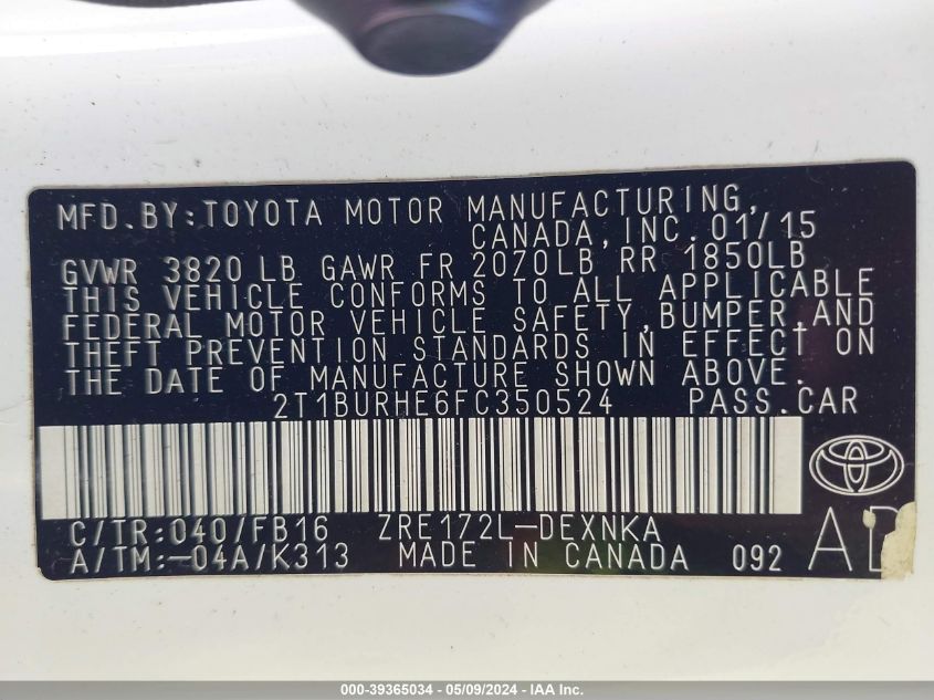 2015 Toyota Corolla Le VIN: 2T1BURHE6FC350524 Lot: 39365034