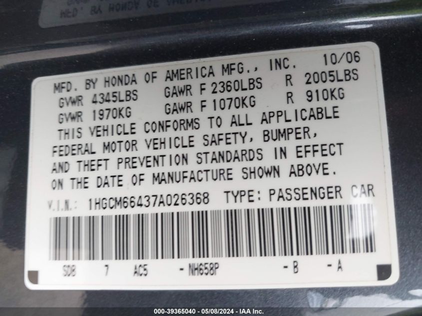 2007 Honda Accord 3.0 Se VIN: 1HGCM66437A026368 Lot: 39365040