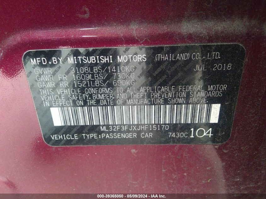 2018 Mitsubishi Mirage G4 Es VIN: ML32F3FJXJHF15170 Lot: 39365050