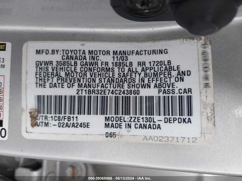 2004 Toyota Corolla Ce VIN: 2T1BR32E74C243860 Lot: 39365066