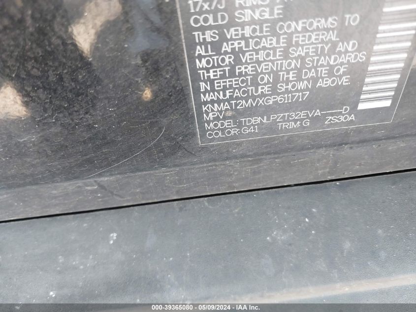 2016 Nissan Rogue S VIN: KNMAT2MVXGP611717 Lot: 39365080