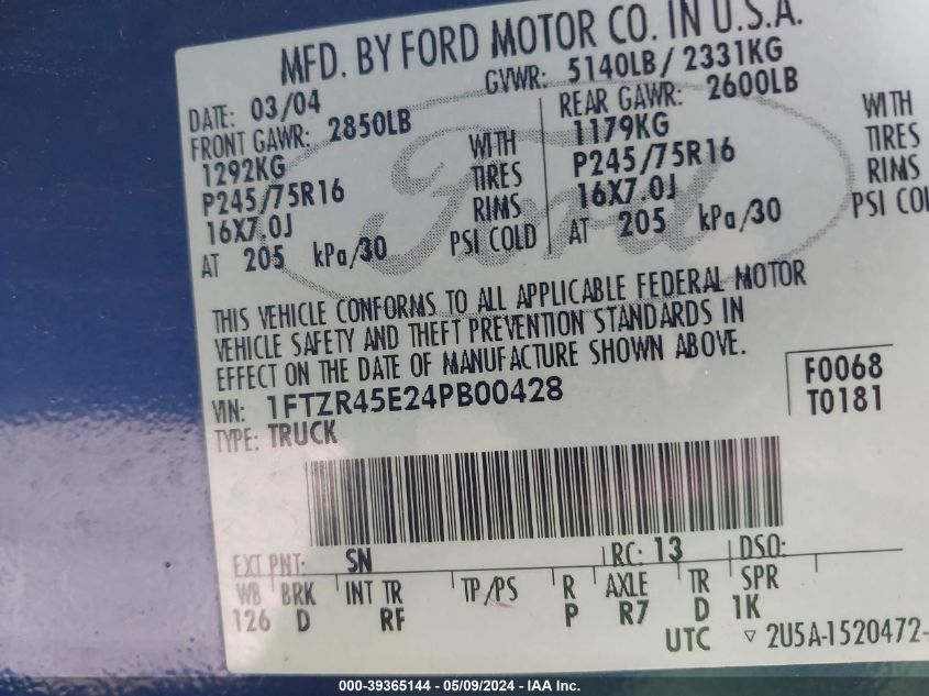 2004 Ford Ranger Edge/Tremor/Xlt VIN: 1FTZR45E24PB00428 Lot: 39365144