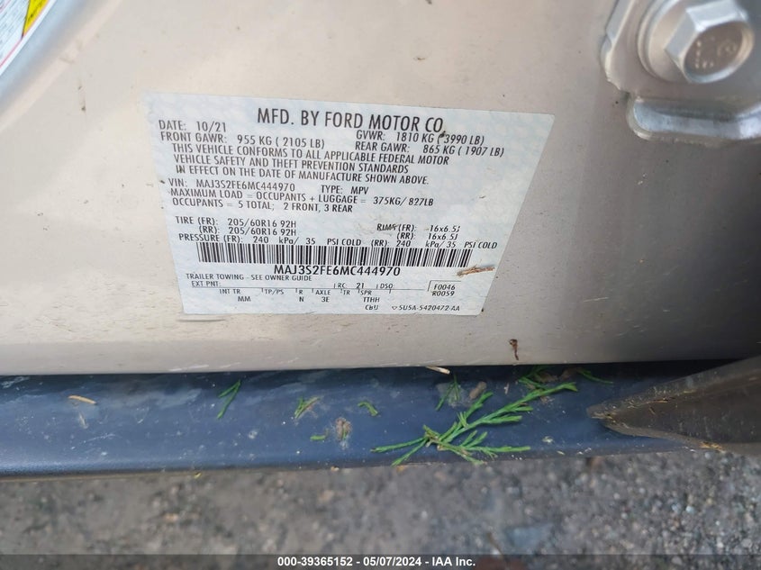 VIN MAJ3S2FE6MC444970 2021 FORD ECOSPORT S