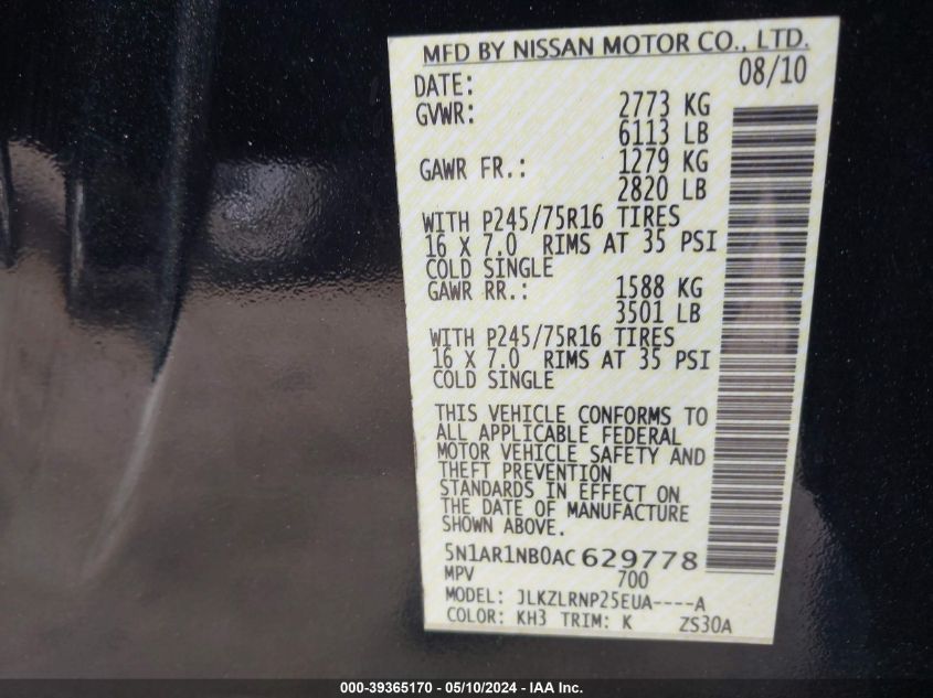 2010 Nissan Pathfinder S VIN: 5N1AR1NB0AC629778 Lot: 39365170