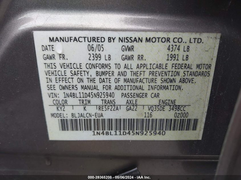 2005 Nissan Altima 3.5 Se VIN: 1N4BL11D45N925940 Lot: 39365208