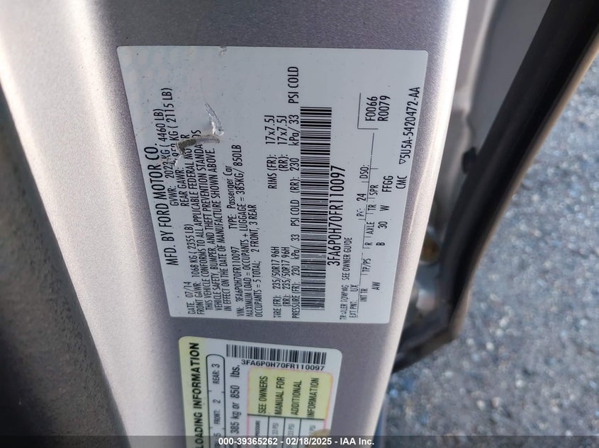 2015 FORD FUSION VIN: 3FA6P0H70FR110097