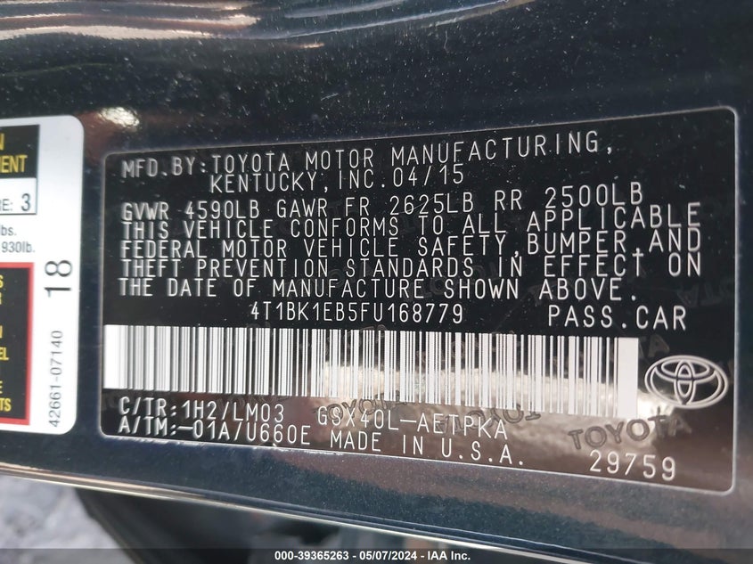 2015 TOYOTA AVALON LIMITED - 4T1BK1EB5FU168779